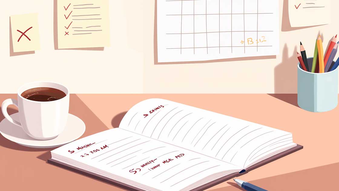 En öppen kalender med planerade träningspass och en penna som markerar avklarade aktiviteter.