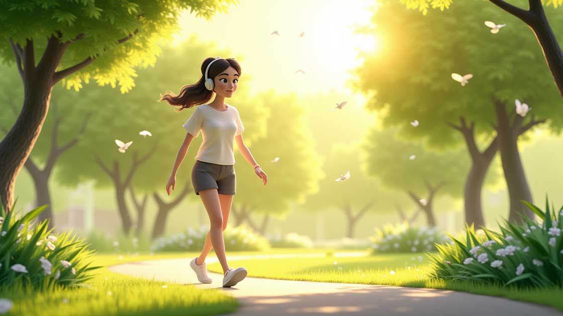 En person tar en lugn promenad genom en solbelyst park, vilket visar hur rörelse kan förbättra mental hälsa och minska stress.