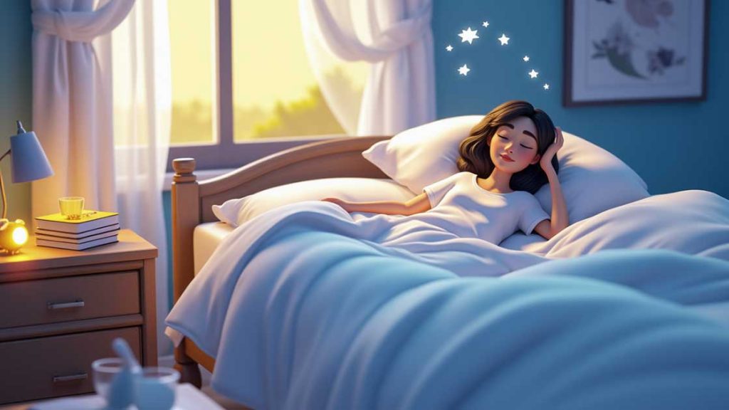 Person som sover lugnt i ett solbelyst sovrum – symbol för sömn och återhämtning